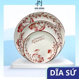 Tô Đĩa Sứ Ăn Cơm Họa Tiết Bông Nấm Cao Cấp Sang Trọng Độ Bền Cao - Kim Hùng