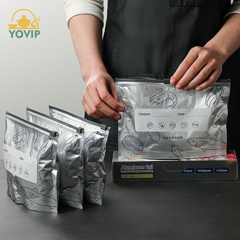 YOVIP 10 Cái / túi túi đựng thực phẩm lá nhôm dung tích lớn chống rò rỉ, tủ đông an toàn, giữ tươi, khóa zip tái sử dụng VN