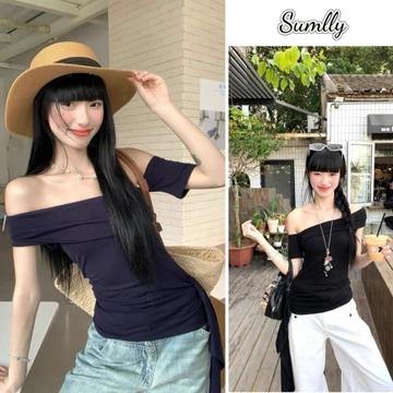 Áo kiểu nữ ôm body tôn，Áo thun nữ lệch vai buộc nơ tay ，Tay áo ngắn màu trơn mùa hè，Đẹpáo crop top