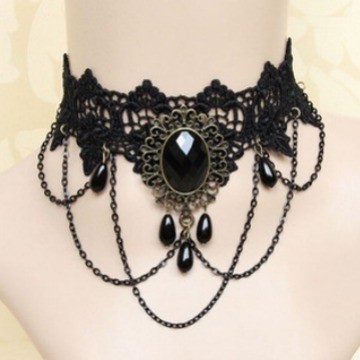 (1 cái)Vòng cổ Choker và vòng tay liền nhẫn hoa hồng phối ren phong cách Lolita