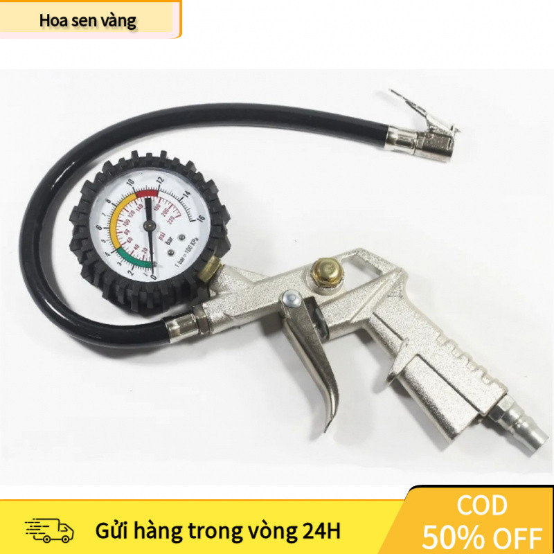 【24H】Đầu Vòi Bơm Ô Tô Xe Máy Kiêm Đồng Hồ Đo Áp Suất Lốp Chính Xác, Tiện Dụng Cho Gara & Gia Đình