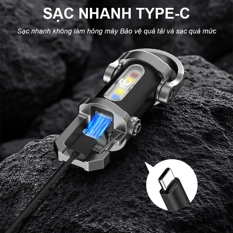 Đèn pin gắn móc khóa mini siêu sáng, Đa Năng 7 Chế Độ, Sạc USB Tiện Lợi, Có đèn đỏ/xanh, bền bỉ, chống nước