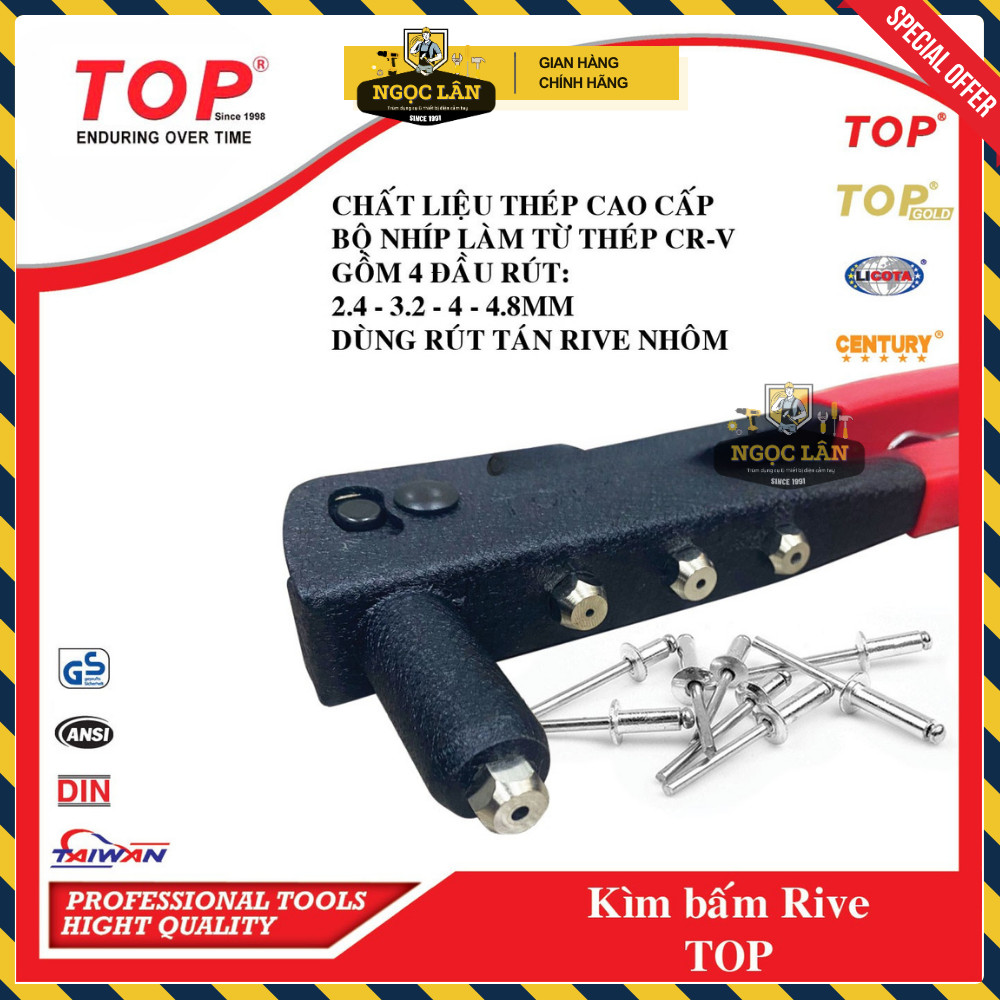 [Chình hãng TOP] Kìm rút rive TOP rút tán đinh rive nhôm hàng Đài Loan thép CR-V cao cấp (mã TB-724)