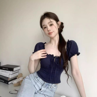 Áo thun nữ mùa hè 2025 cổ vuông tay bồng viền diềm gợi cảm dáng ngắn sexy