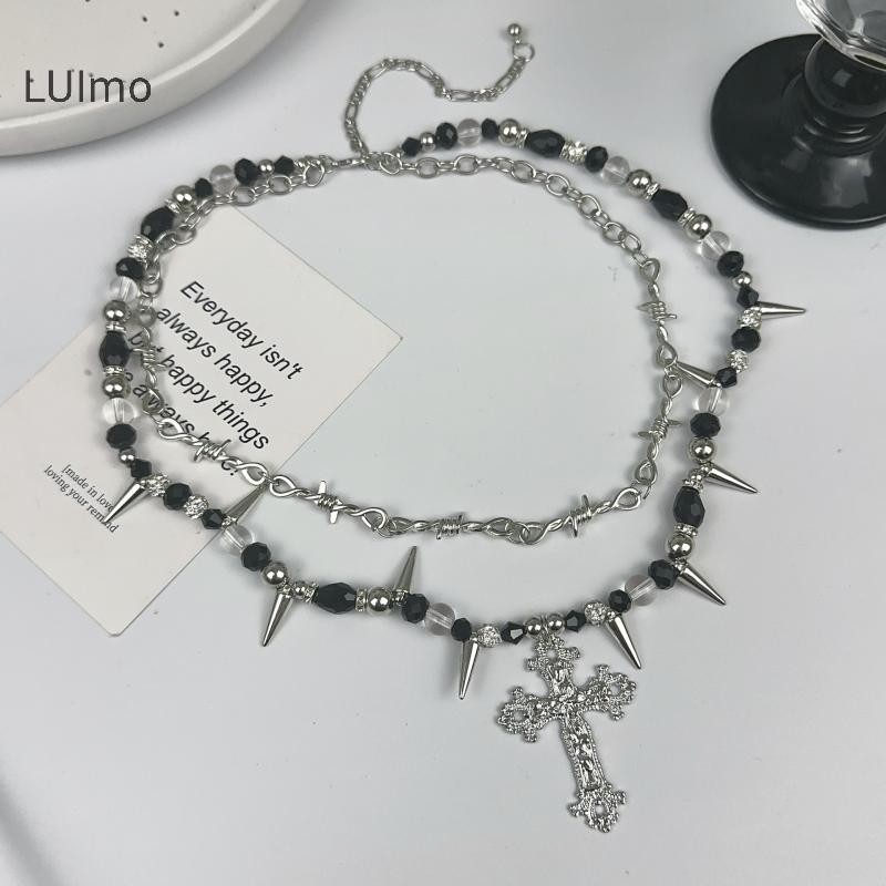 Trang sức LUImo - Dây chuyền Gothic tối punk vintage, đính hạt gai đinh tán hai lớp cho nữ