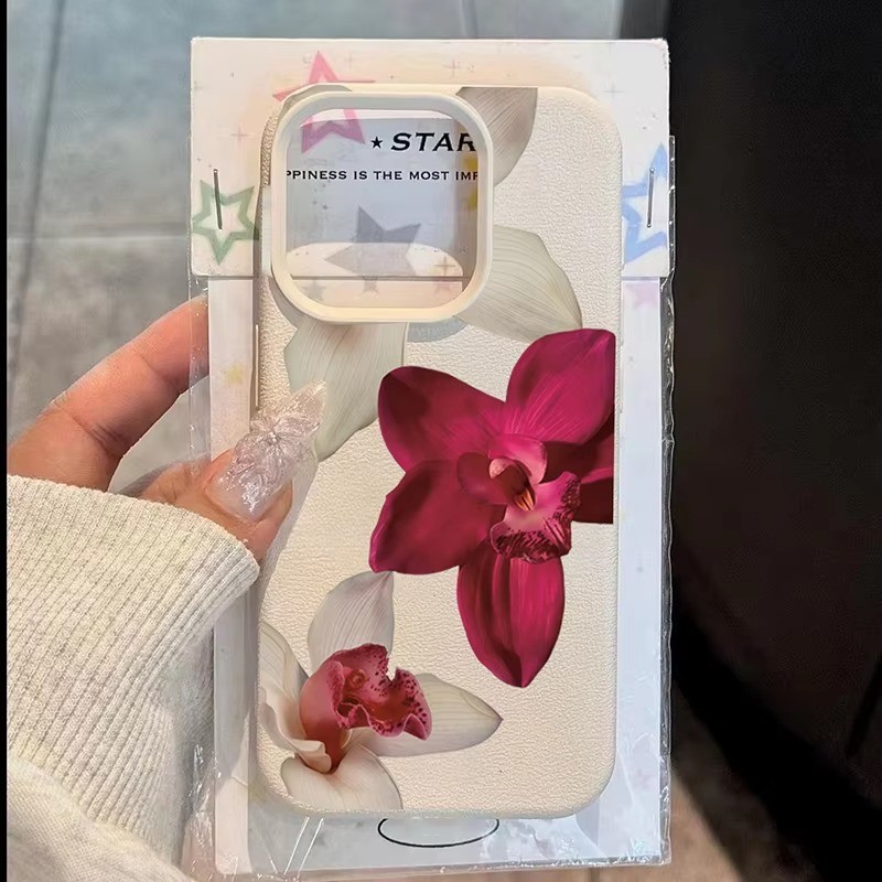 Vỏ Tương Thích Cho iPhone 16 11 12 13 14 15 17 Pro Max Cho iPhone 16e XR X XS Max 14 15 Plus Thiết Kế Hoa Lan Màu Đỏ Thanh Lịch Silicon Chống Rơi Vỏ Bảo Vệ
