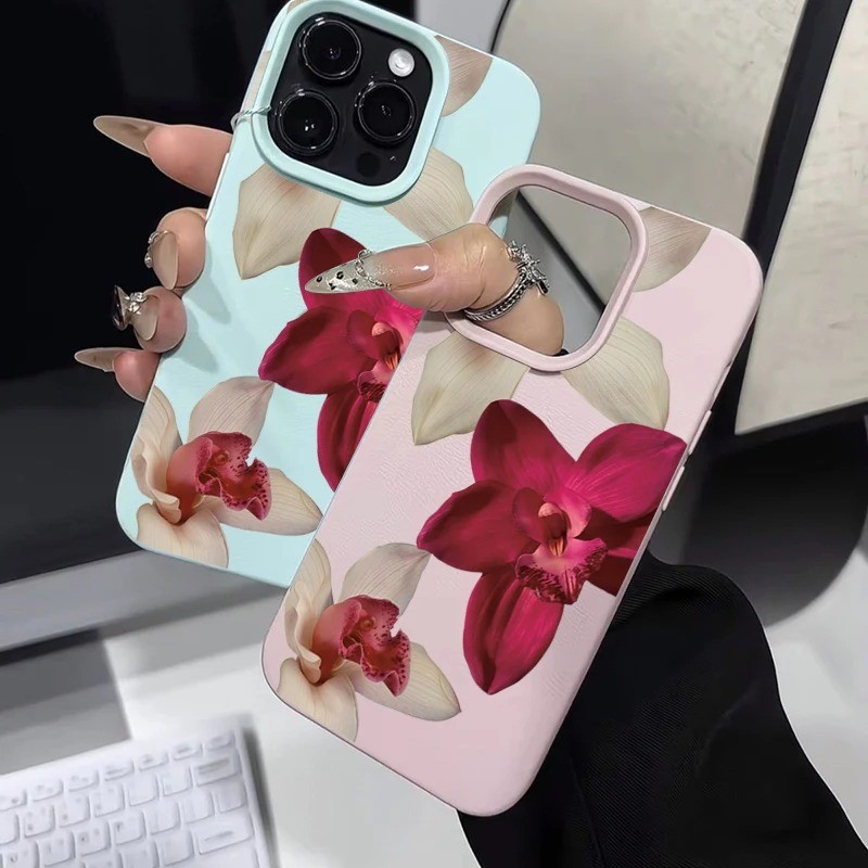Vỏ Tương Thích Cho iPhone 16 11 12 13 14 15 17 Pro Max Cho iPhone 16e XR X XS Max 14 15 Plus Thiết Kế Hoa Lan Màu Đỏ Thanh Lịch Silicon Chống Rơi Vỏ Bảo Vệ