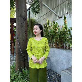 set bà ba cổ tim nút bọc dài tay, đồ bộ gấm lụa nữ