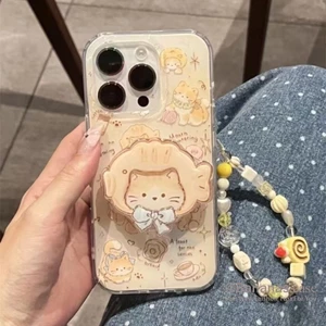 Tương thích với iPhone 16 15 14 13 12 11 Pro Max X Xr Xs Max 7 8 Plus SE2020 Vỏ Điện Thoại Hoạt Hình Dễ Thương Gấu Cá + Chân Đế + Dây Buộc Ốp Lưng Mềm