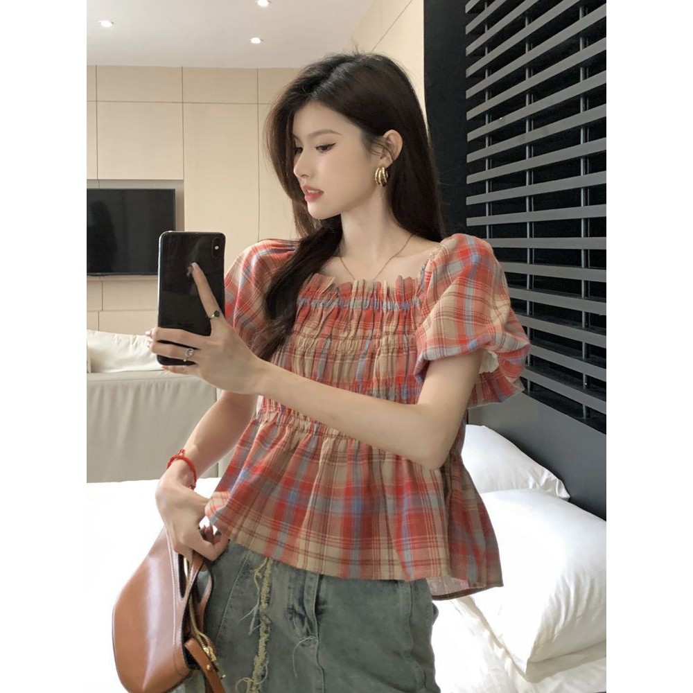 Áo sơ mi hoa đỏ lụa phồng tay ngắn kiểu Hàn Quốc - Vải cotton thoáng mát cho ngày hè