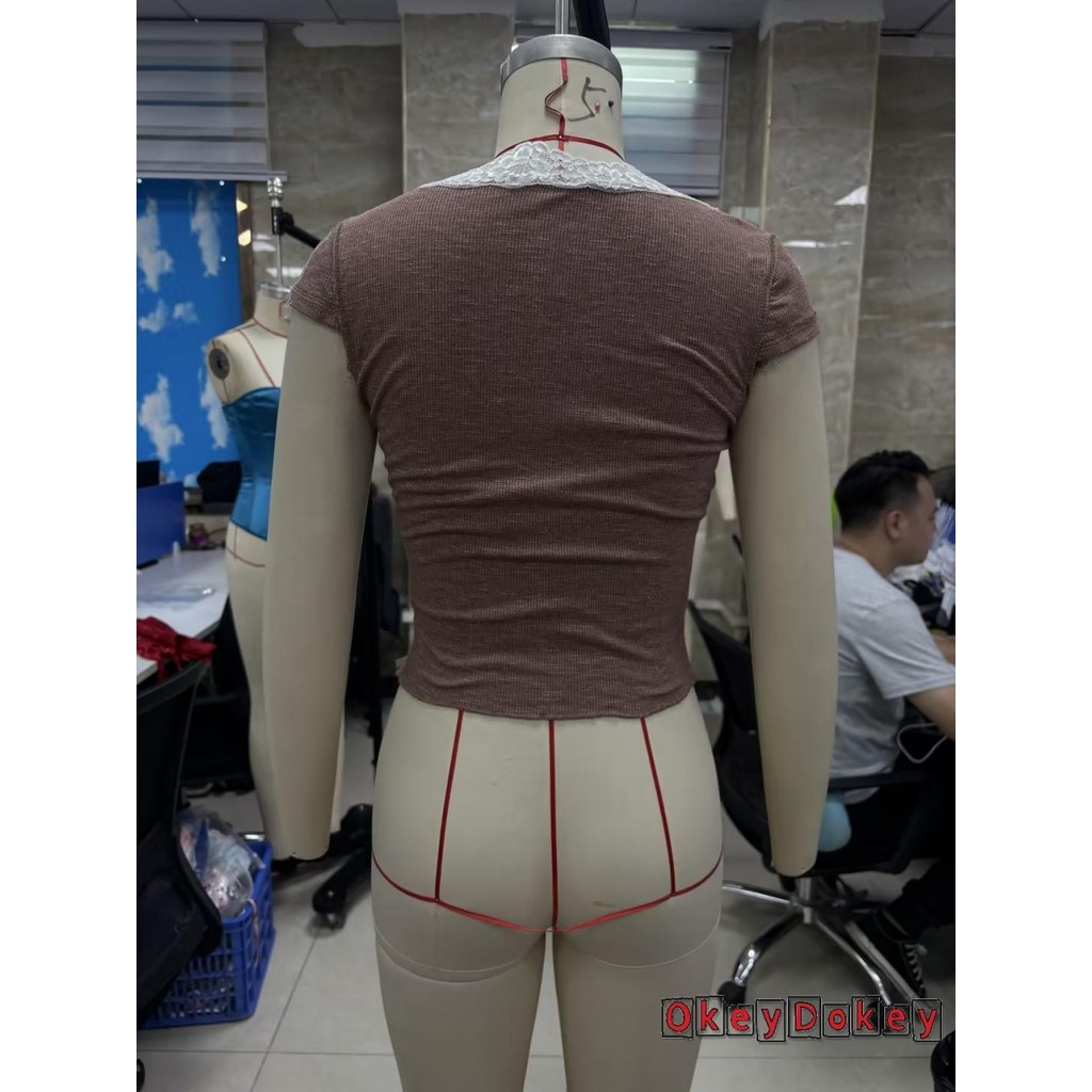 OKDK-Nữ Y2K Ren Viền Crop Top Tay Ngắn Cổ Vuông Ruffle Hem Bé Tee