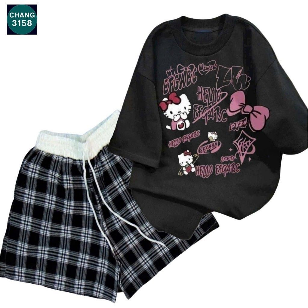 sét bộ quần đùi cộc kẻ caro cạp chun màu trắng +mix áo phông form rộng-MÈO CUTE -cam 3158