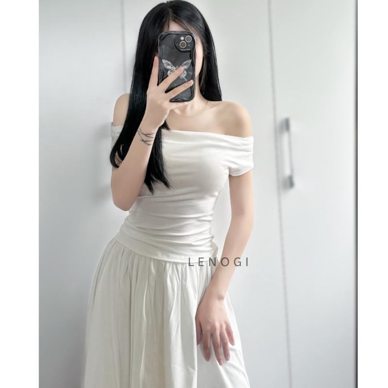 Áo trễ vai cộc tay nữ LENOGI Áo kiểu nữ bẹt vai  mùa hè coton mịn mát