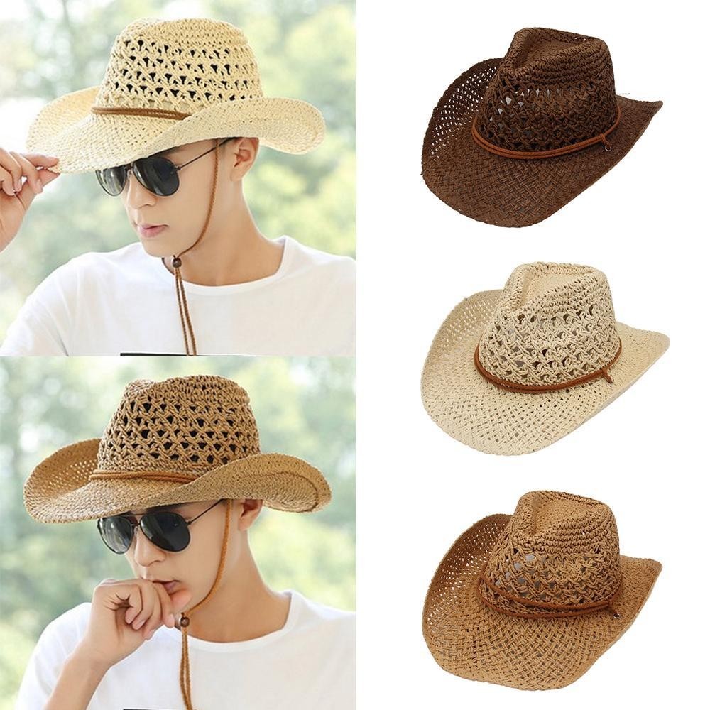 Mũ cao bồi rơm Hobbyin với vành rộng và khả năng gập lại, dây đeo cằm điều chỉnh được - Phù hợp cho kỳ nghỉ và chống nắng khi đi biển