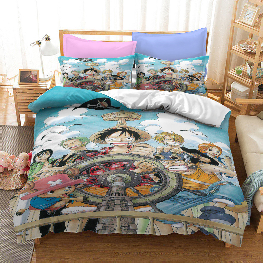 PS1 Anime ONE PIECE Ga trải giường Vỏ chăn gối Bộ chăn ga gối chất lượng cao cấp Phòng ngủ gia đình Bộ đồ có thể giặt được 3IN1 SP1