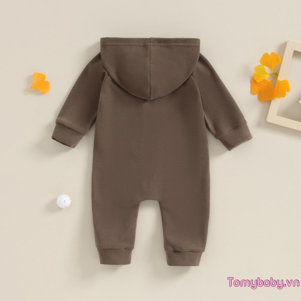 Bộ áo liền quần có mũ trùm đầu mùa thu màu trơn dài tay có dây kéo đóng cửa Áo liền quần thông thường cho bé gái bé trai