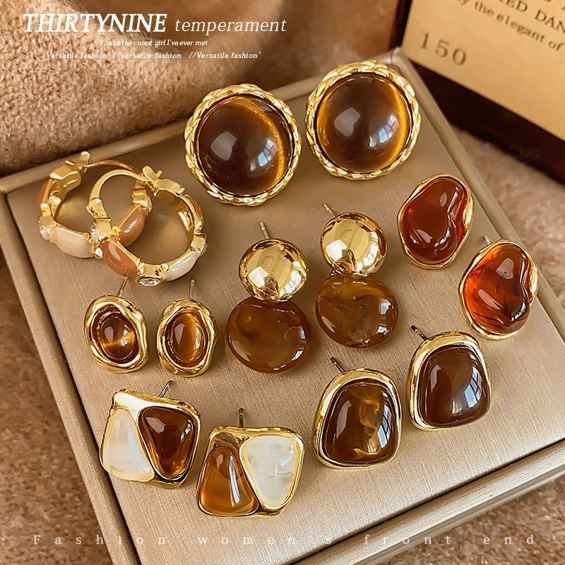 Bông Tai Cao Cấp Retro Màu Cà Phê Pháp Nữ Bông Tai Phong Cách Mới
