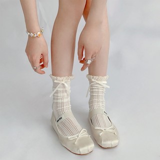 Gothic Trắng Giữa Nơ Tất Mùa Hè Mỏng Phần Rỗng Ren Satin Dây Tất JK Cọc Ống Hoa Tất