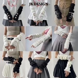 Găng tay dài JKDESIGN dệt kim không ngón, tay áo che cánh tay, đen/trắng, phụ kiện Y2k Spice Girls