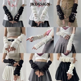 Găng tay dài JKDESIGN dệt kim không ngón, tay áo che cánh tay, đen/trắng, phụ kiện Y2k Spice Girls