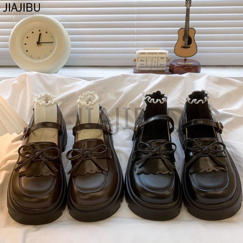 Giày Da Gót Dày Màu Nâu Phong Cách Anh Quốc Giày Nữ Chất Lượng Cao Giày Công Chúa Nơ Cổ Điển Korean Fashion Platform Mary Jane Shoes Giày Đi Học Màu Đen Japanese JK Uniform Cosplay Doll Shoes Giày Lolita Đế Mềm Mũi Tròn Chống Trượt Giày Mũi To