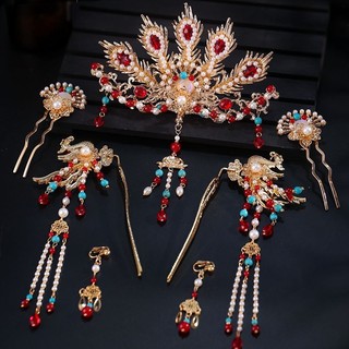 Mũ đội đầu Hanfu cổ đầy đủ Bộ phụ kiện tóc Cloisonne Ming Made Hair Crown Cloisonne Kẹp tóc Phoenix Tua Rua Burn Blue 10.15