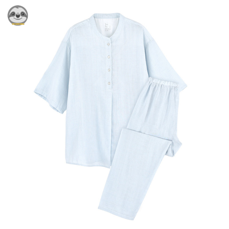 Phong cách Nhật Bản Phong cách Muji / Nữ Sợi Cotton mịn nửa tay Loungewear / Bộ đồ ngủ liền mạch Pinstripe / Bộ đồ ngủ sợi đôi Cotton