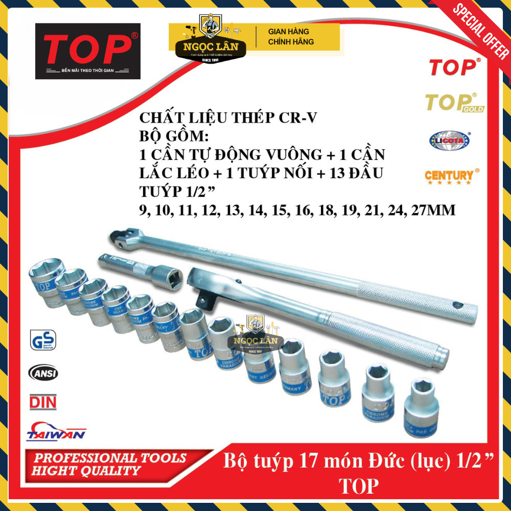 [Chính hãng Top] Bộ tuýp 17 món TOP kiểu Đức 1/2'' típ 9-27mm (hệ mét) hàng Đài Loan cao cấp