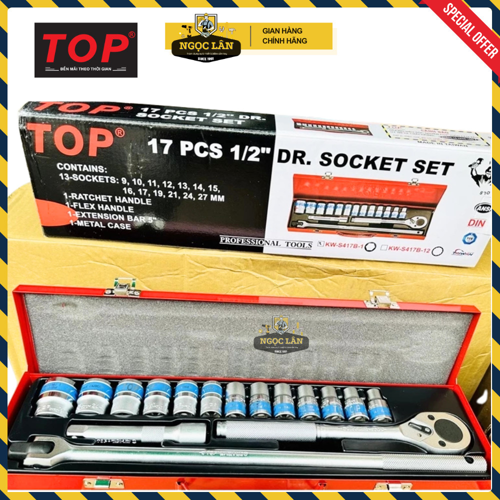 [Chính hãng Top] Bộ tuýp 17 món TOP kiểu Đức 1/2'' típ 9-27mm (hệ mét) hàng Đài Loan cao cấp