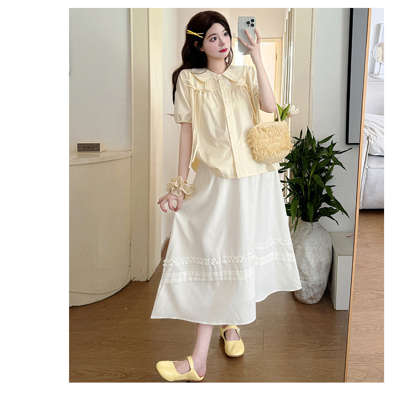 Bộ đồ bà bầu Áo sơ mi thiết kế dáng rộng mùa hè + Váy ren Bộ đồ hai mảnh
