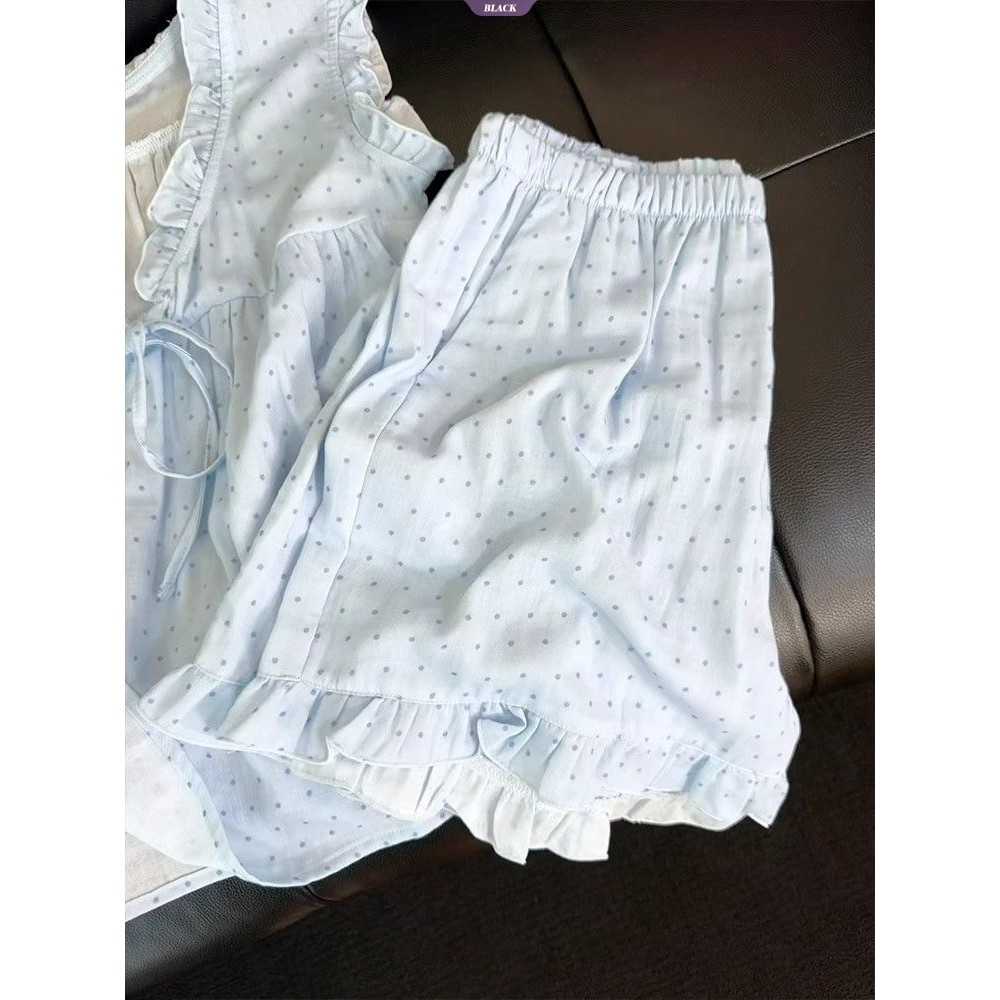 Đồ ngủ nữ bộ vest và quần short bằng gỗ ren chấm bi không tay mới mùa hè