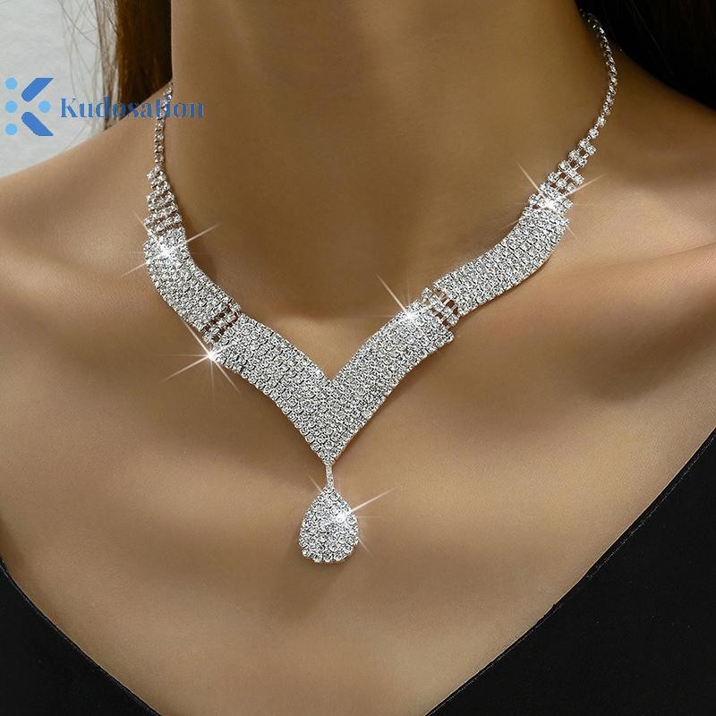 Kudosation 2 Chiếc Thời Trang Kim Cương Giả Dây Chuyền Bông Tai Bộ Trang Sức Nữ Cưới Phụ Kiện Quà Tặng