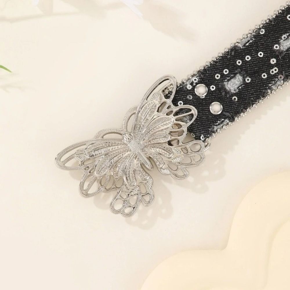 Thắt lưng thời trang cổ điển TCYILLOIAN, Thắt lưng Punk hình bướm đính sequin, Thắt lưng viền rộng Denim hợp thời trang Y2K chắp vá
