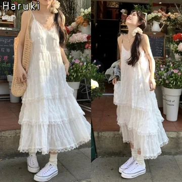 Váy ren trơn màu cho nữ, Váy treo trắng ngọt ngào, váy búp bê, váy dài ren đi biển，siêu đẹp，Viền xù