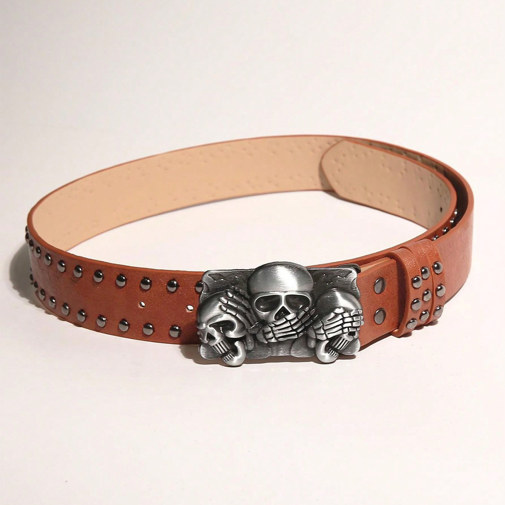 Thắt lưng punk skull đinh tán da gothic, điều chỉnh được, phù hợp unisex