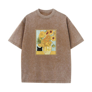 Van Gogh Đen Mèo Áo Thun Ngộ nghĩnh Hoa In Hình Áo Nam Nữ Rửa Vintage Tay Ngắn Áo Thun Thường Ngày Dạo Phố Áo Thun Mùa Hè