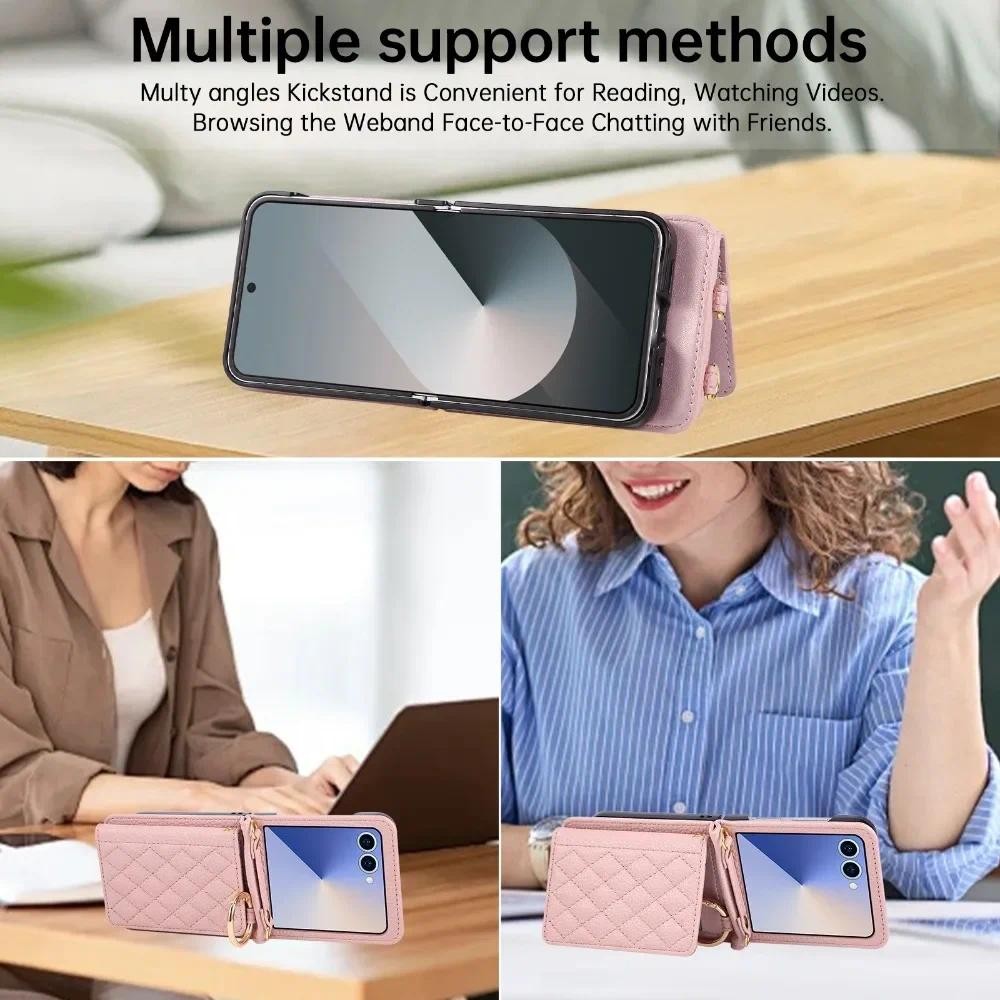 Ví Đeo Ngang Nhẫn Vỏ Điện Thoại Coque Cho Samsung Galaxy Z Flip 7 6 5 4 3 Flip7 Flip6 Flip5 Khe Cắm Thẻ Da Kinh Doanh
