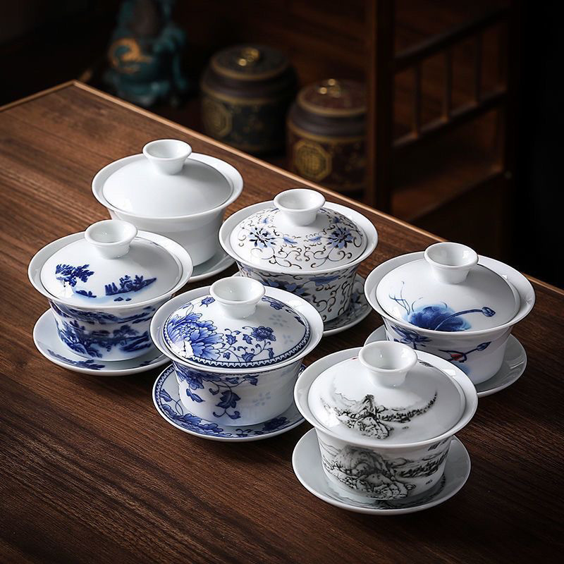 Bộ Trà Gốm Kung Fu Xanh Trắng Sancai Gaiwan Trung Quốc Retro Teacup