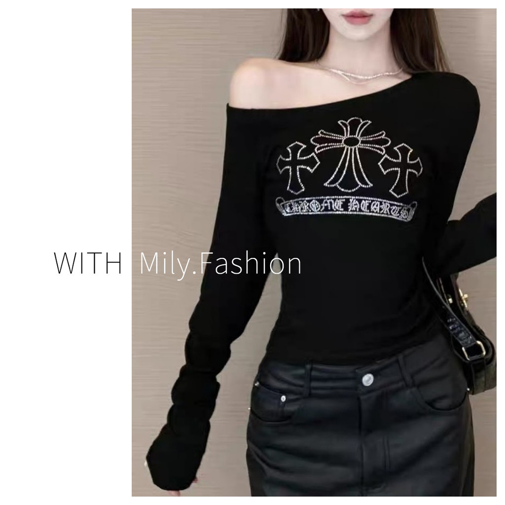 Milyfashion Y2K Hot Khoan Slanted Vai Áo thun dài tay Slim-Fit Slim-Fit Slimmer Look Hot Girl Short Top Niche Chic