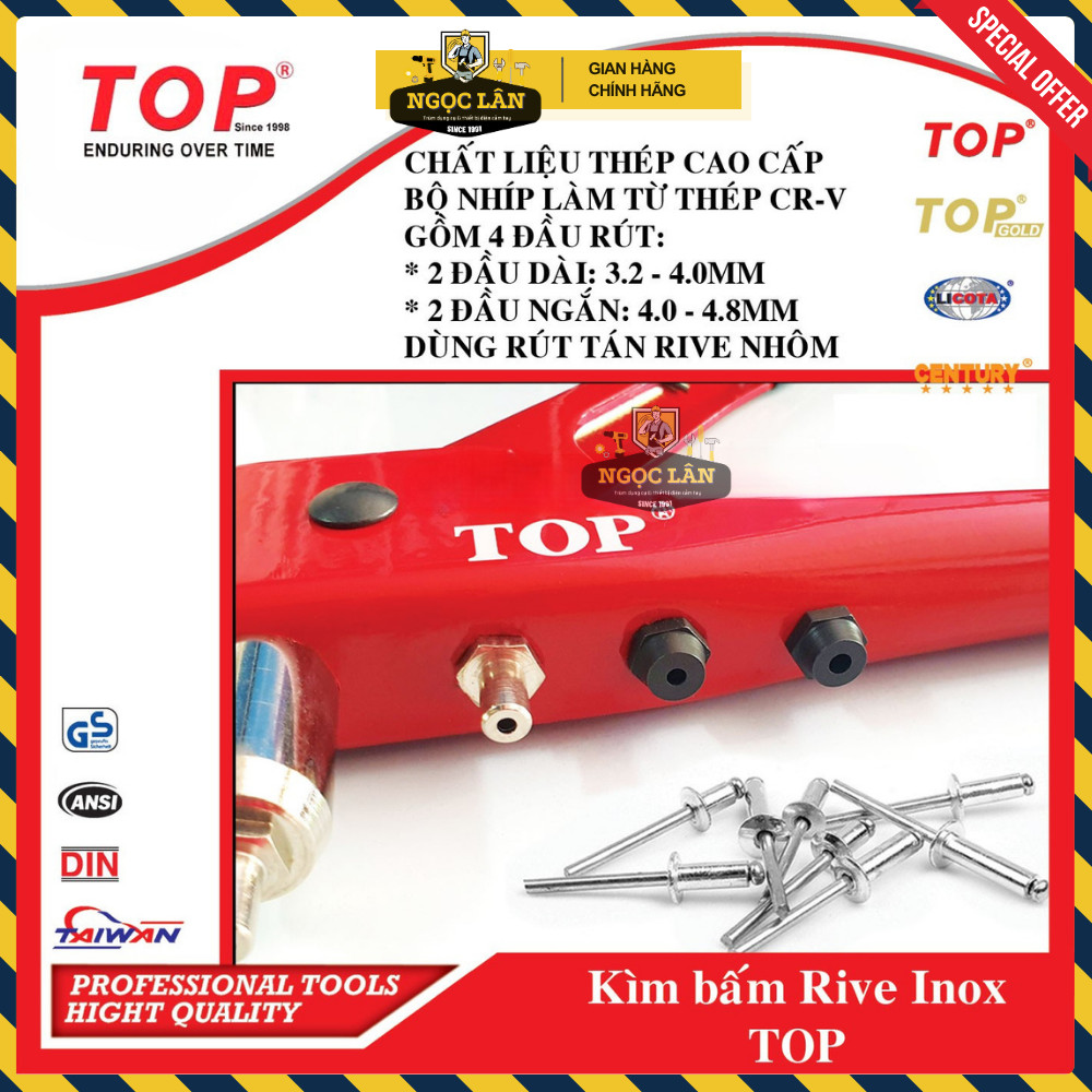 [Chính hãng TOP] Kìm rút Rive, kềm Rive inox, nhôm Top hàng Đài Loan cao cấp (mã TST-50036-4P)