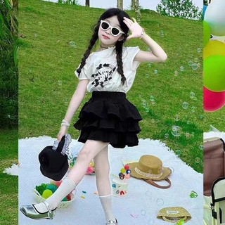 Set đồ bé gái áo thun ngọc trai tay ngắn + váy xếp tầng phong cách Hàn Quốc mùa hè