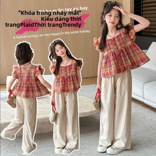 Set đồ bé gái mùa hè 2 món – áo caro tay bồng + quần ống rộng phong cách Hàn