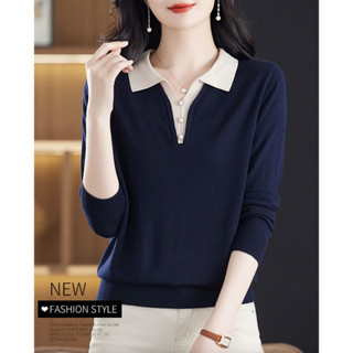 Áo Len Dài Tay Nữ Mẹ Mùa Xuân Thu Đi Lại Cổ Áo Polo Rời Top