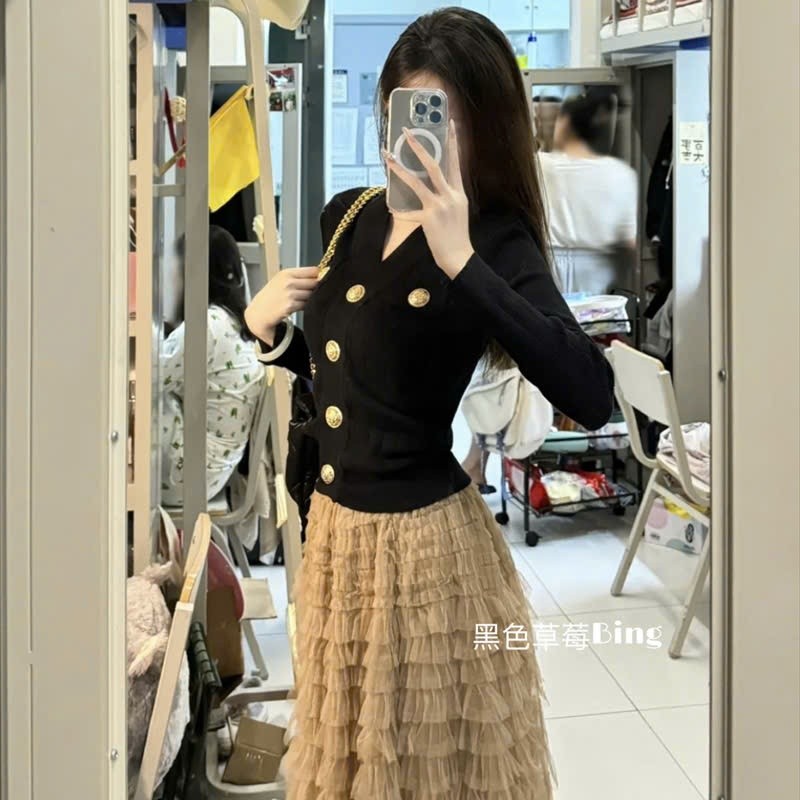 Set bộ 2 món áo len cardigan phối chân váy dáng dài xếp ly phong cách tiểu thư hàng QCCC XIMIMI SP366