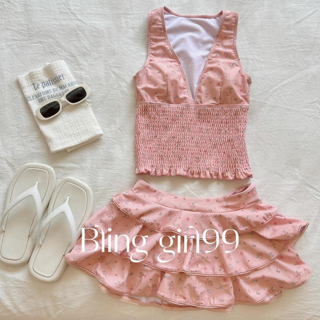 Váy xẻ Bikini Bảo Thủ Đồ Bơi Cô Gái Màu Hồng