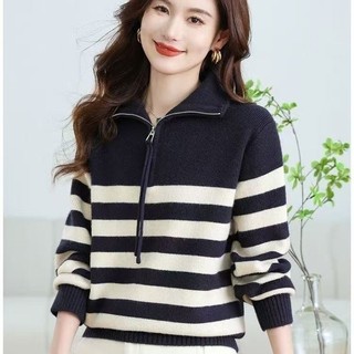 Áo len nữ sọc dài tay, dáng rộng, phong cách Hàn Quốc, mùa xuân thu đông