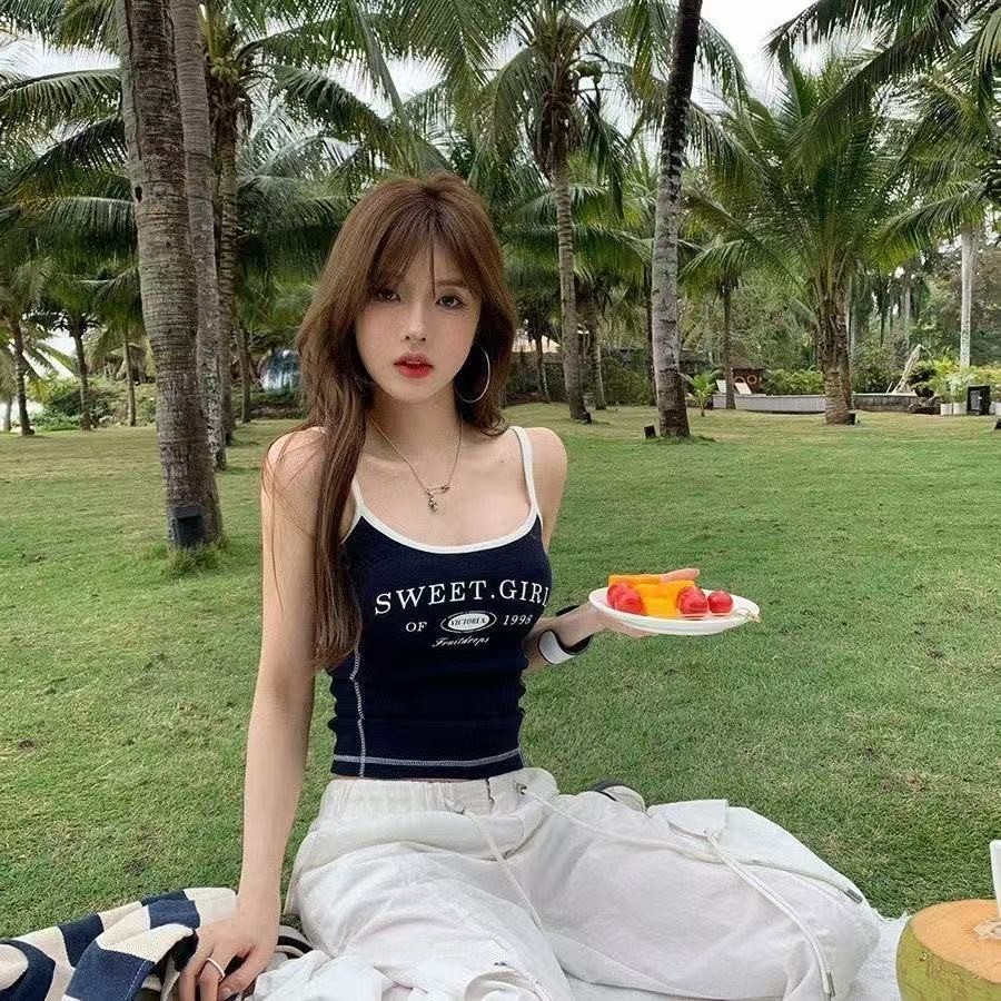 Áo Vest Nữ Retro Mùa Hè Mỹ Hot Girl Tay Ngắn In Hình Sling