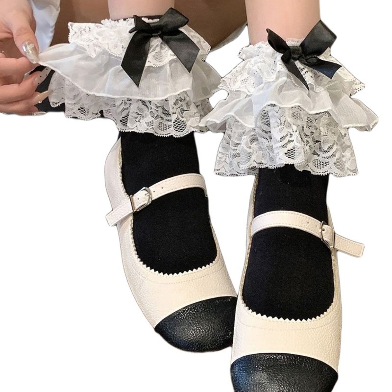 Woke Tất đến mắt cá chân Frilly thời trang với ren xếp tầng nơ ngọt ngào Tất bê cánh cho các bữa tiệc và trang phục thường ngày