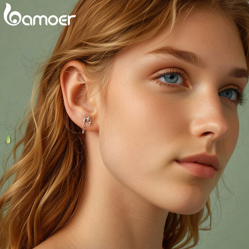 Bamoer 925 Sterling Sliver Studs Bông Tai Thiết Kế Đầy Sao Quà Tặng Trang Sức Cho Nữ
