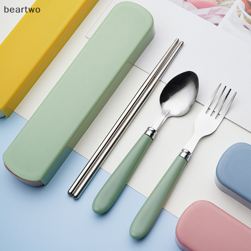 < Beartwo > Bộ đồ ăn bằng thép không gỉ 410 Muỗng nĩa di động Nhân viên văn phòng sinh viên Hộp lưu trữ dễ thương Bộ dao kéo Bộ đẹp